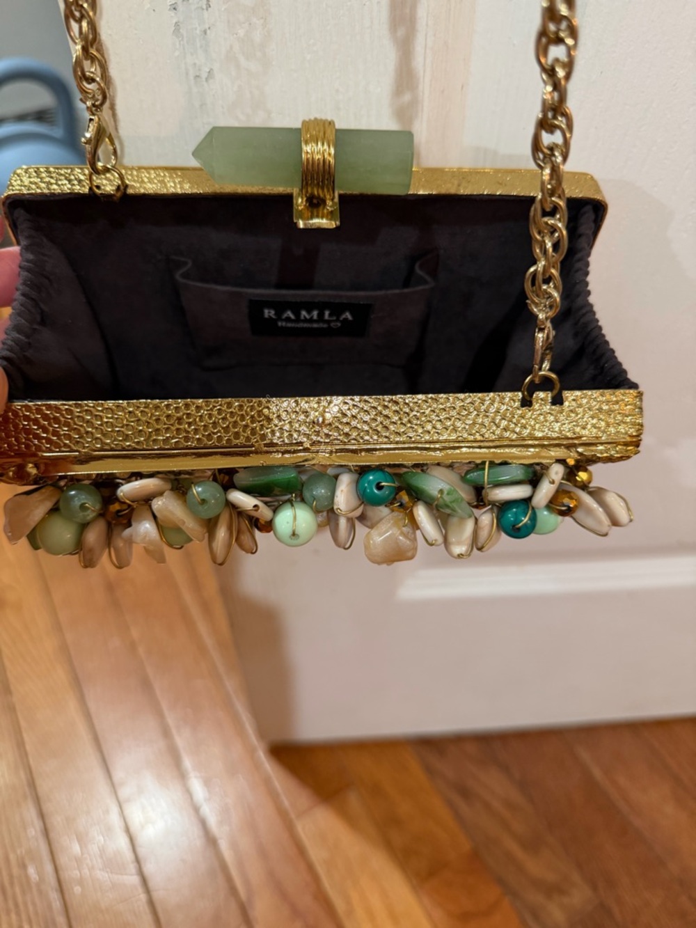 RAMLA(ZEINA)Gold Beaded Floral Accent Evening Bag - Green & Cream Embellishments - Picture 5 of 11